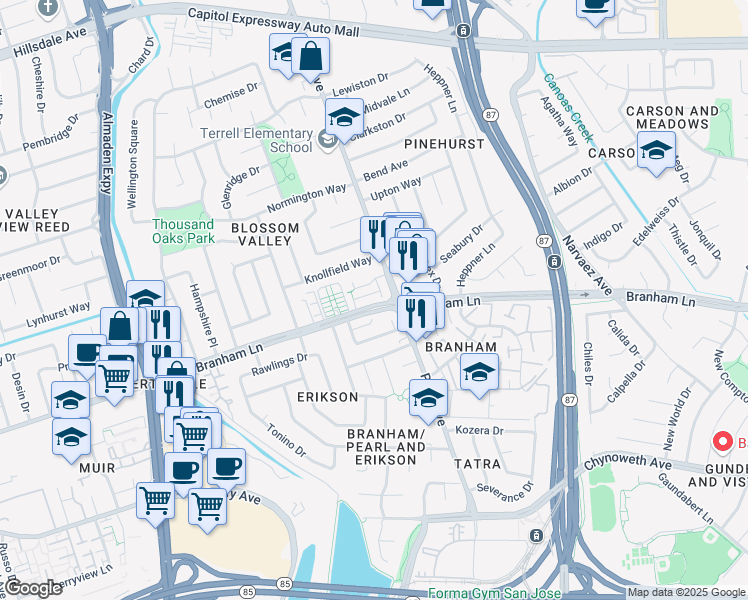 map of restaurants, bars, coffee shops, grocery stores, and more near 872 Canfield Court in San Jose