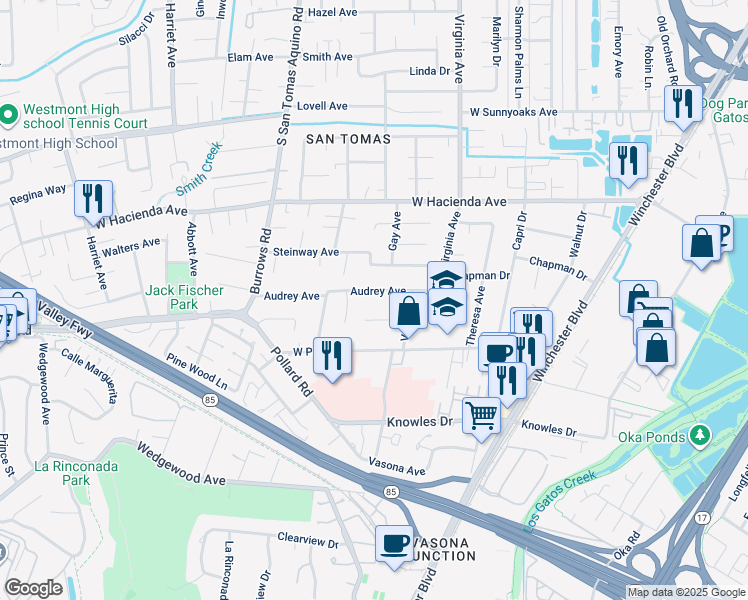 map of restaurants, bars, coffee shops, grocery stores, and more near 1080 Audrey Avenue in Campbell