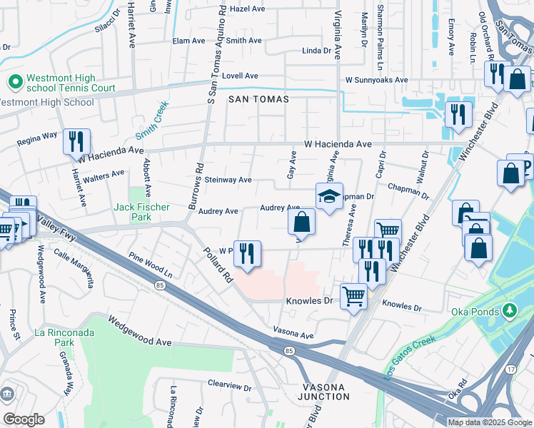 map of restaurants, bars, coffee shops, grocery stores, and more near 1080 Audrey Avenue in Campbell