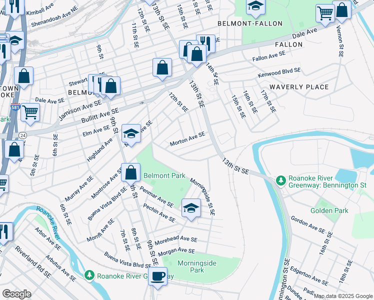 map of restaurants, bars, coffee shops, grocery stores, and more near 1120 Tompkins Ave SE in Roanoke