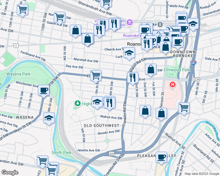 map of restaurants, bars, coffee shops, grocery stores, and more near 380 Mountain Avenue Southwest in Roanoke
