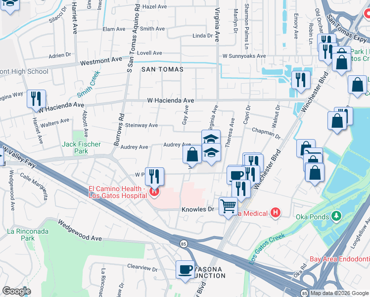 map of restaurants, bars, coffee shops, grocery stores, and more near 1451 Vale Avenue in Campbell