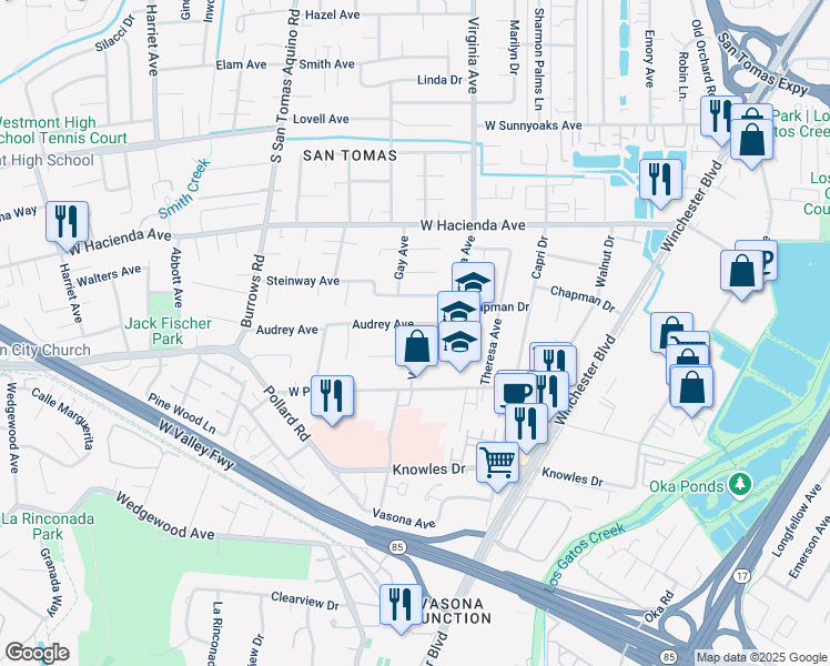 map of restaurants, bars, coffee shops, grocery stores, and more near 1451 Vale Avenue in Campbell
