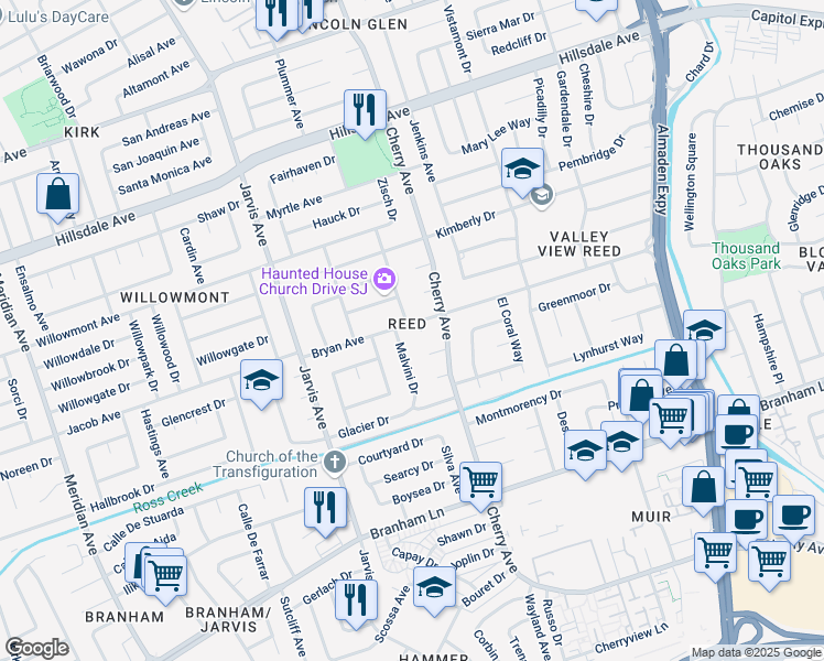 map of restaurants, bars, coffee shops, grocery stores, and more near 1434 Bryan Avenue in San Jose