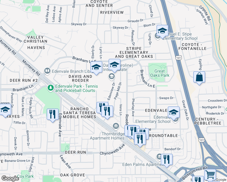 map of restaurants, bars, coffee shops, grocery stores, and more near 5052 Edenview Drive in San Jose