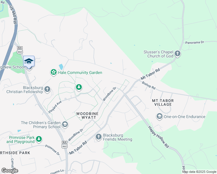 map of restaurants, bars, coffee shops, grocery stores, and more near 2106 Broken Oak Drive in Blacksburg