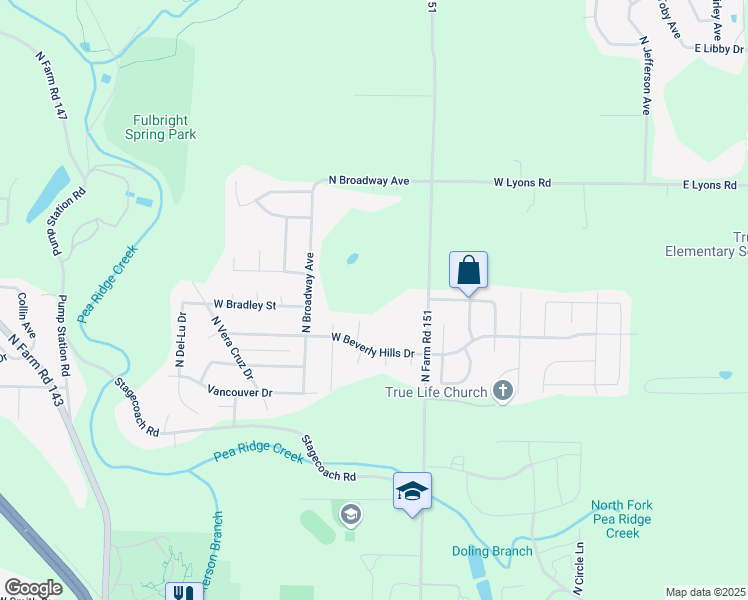 map of restaurants, bars, coffee shops, grocery stores, and more near 3775 North Farm Road 151 in Springfield