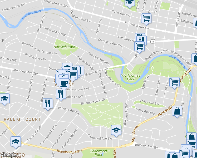 map of restaurants, bars, coffee shops, grocery stores, and more near 1609 Hampton Avenue Southwest in Roanoke