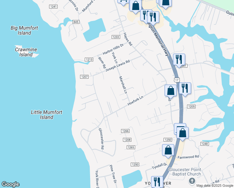 map of restaurants, bars, coffee shops, grocery stores, and more near 1949 Village Drive in Gloucester Point