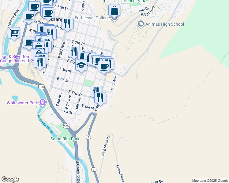 map of restaurants, bars, coffee shops, grocery stores, and more near 400 East 9th Avenue in Durango