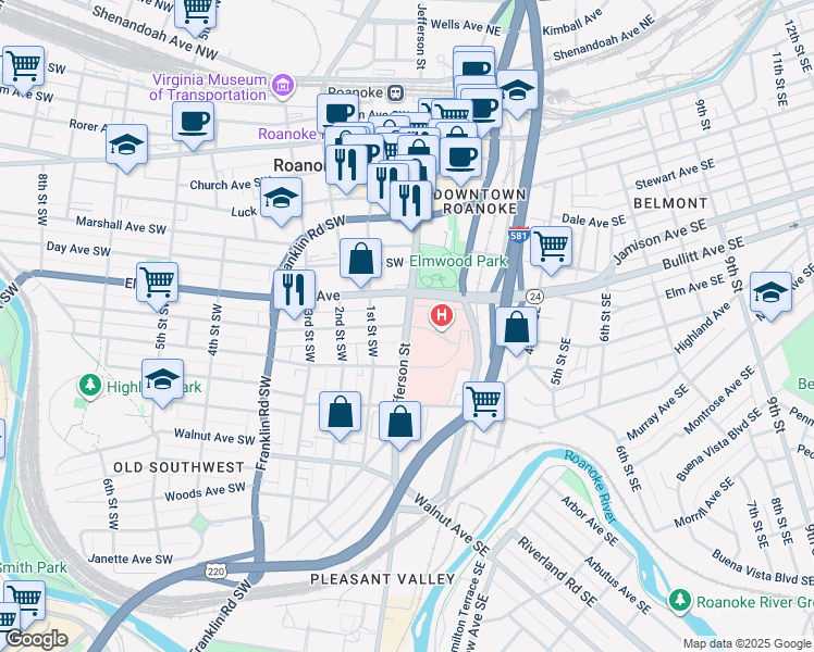 map of restaurants, bars, coffee shops, grocery stores, and more near 2 Mountain Avenue Southwest in Roanoke