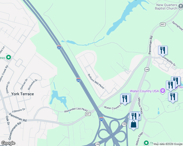 map of restaurants, bars, coffee shops, grocery stores, and more near 316 Boltons Mill Parkway in Williamsburg