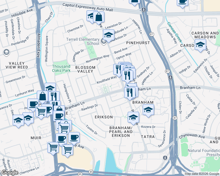 map of restaurants, bars, coffee shops, grocery stores, and more near 872 Canfield Court in San Jose