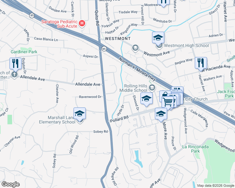 map of restaurants, bars, coffee shops, grocery stores, and more near 13910 Ravenwood Drive in Saratoga