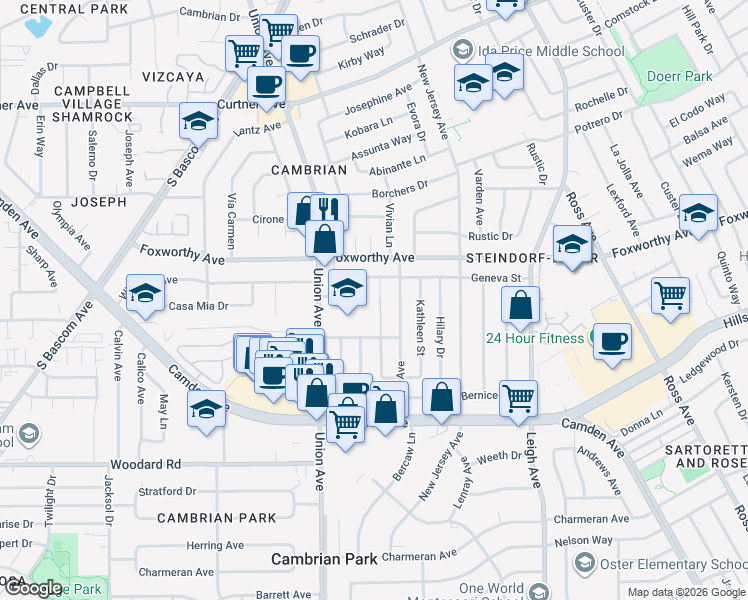 map of restaurants, bars, coffee shops, grocery stores, and more near 3231 LaNelle Place in San Jose