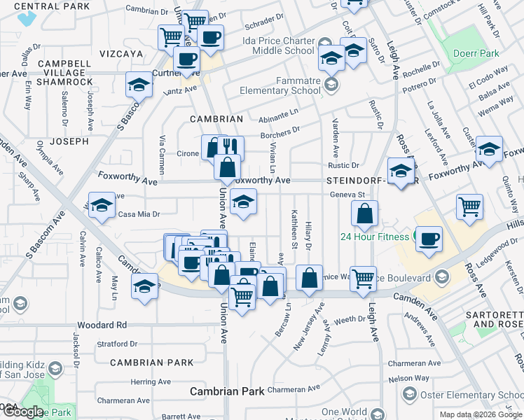 map of restaurants, bars, coffee shops, grocery stores, and more near 3231 LaNelle Place in San Jose