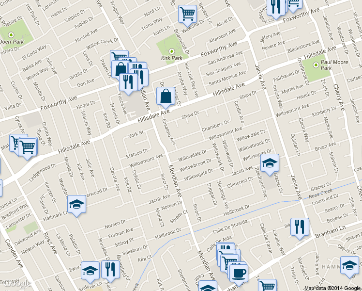 map of restaurants, bars, coffee shops, grocery stores, and more near 1593 Willowmont Avenue in San Jose