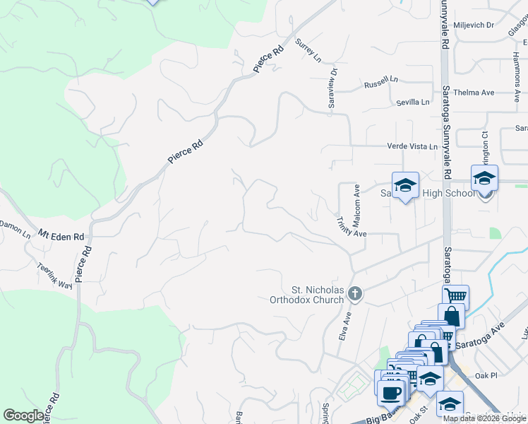 map of restaurants, bars, coffee shops, grocery stores, and more near 21100 Saratoga Hills Road in Saratoga