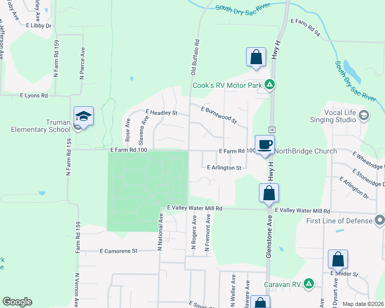map of restaurants, bars, coffee shops, grocery stores, and more near 3744 Old Buffalo Road in Springfield