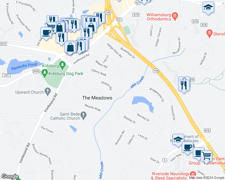 map of restaurants, bars, coffee shops, grocery stores, and more near 128 Sharps Road in Williamsburg