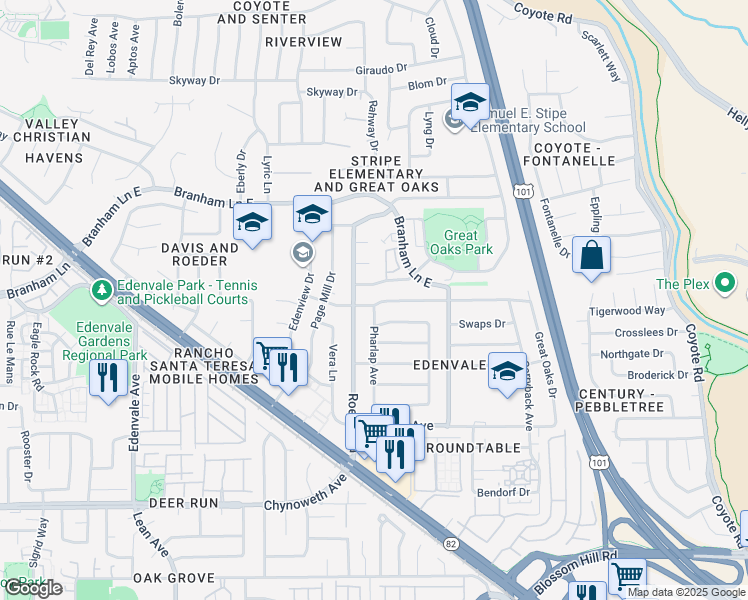 map of restaurants, bars, coffee shops, grocery stores, and more near 305 Grey Ghost Avenue in San Jose