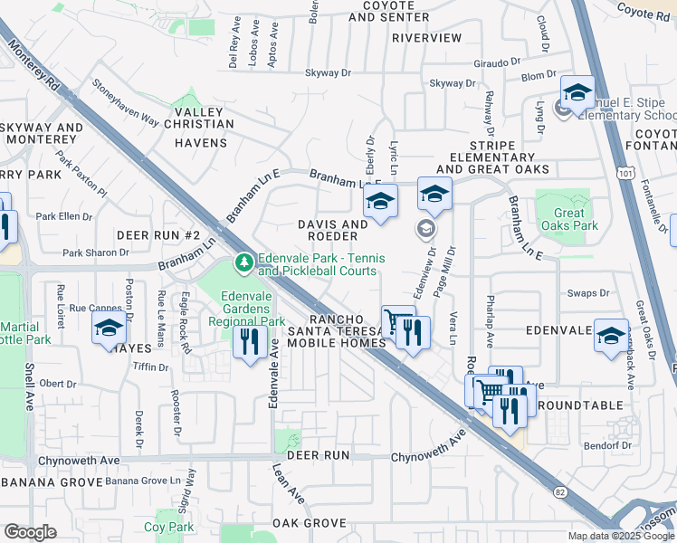 map of restaurants, bars, coffee shops, grocery stores, and more near 5076 Bougainvillea Drive in San Jose