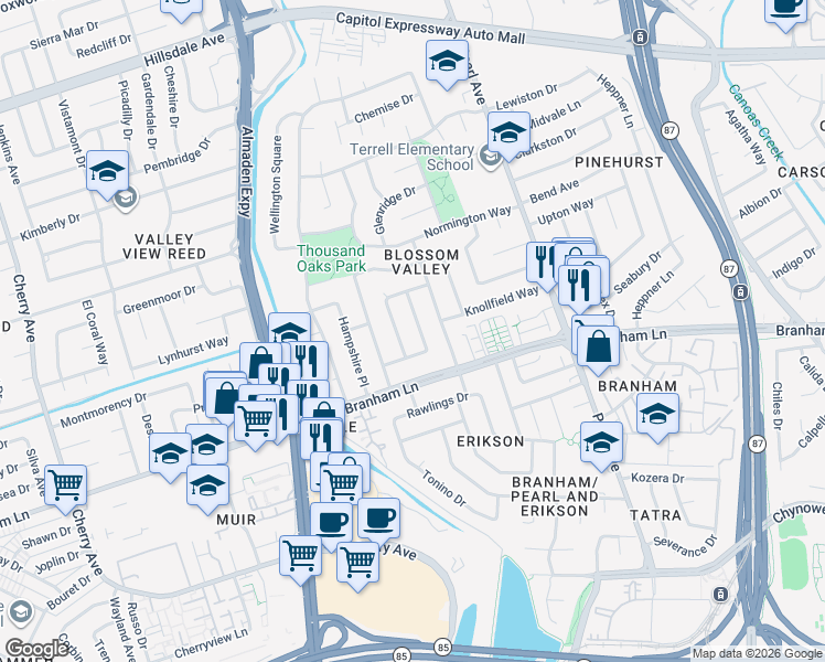 map of restaurants, bars, coffee shops, grocery stores, and more near 4375 Glenpark Drive in San Jose