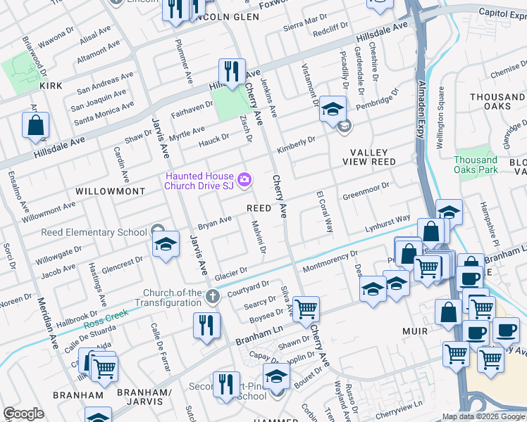 map of restaurants, bars, coffee shops, grocery stores, and more near 1434 Bryan Avenue in San Jose