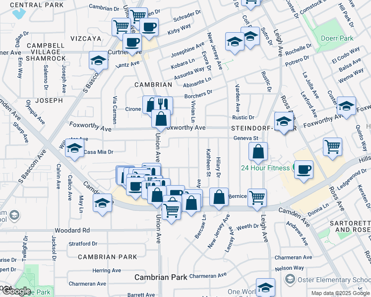 map of restaurants, bars, coffee shops, grocery stores, and more near 3121 Browning Avenue in San Jose