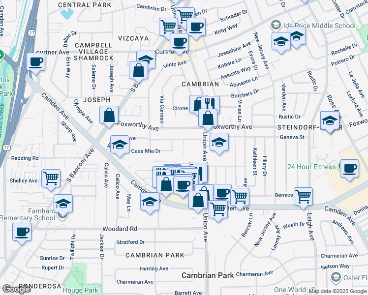 map of restaurants, bars, coffee shops, grocery stores, and more near 3143 Trinity Place in San Jose