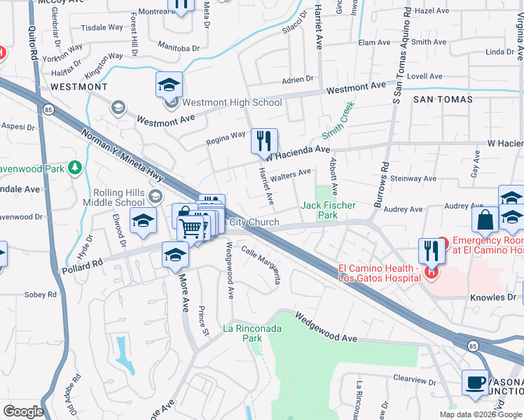 map of restaurants, bars, coffee shops, grocery stores, and more near 1407 Harriet Court in Campbell