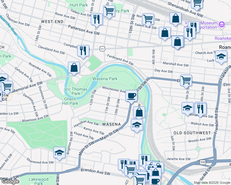map of restaurants, bars, coffee shops, grocery stores, and more near 1010 Winchester Avenue Southwest in Roanoke