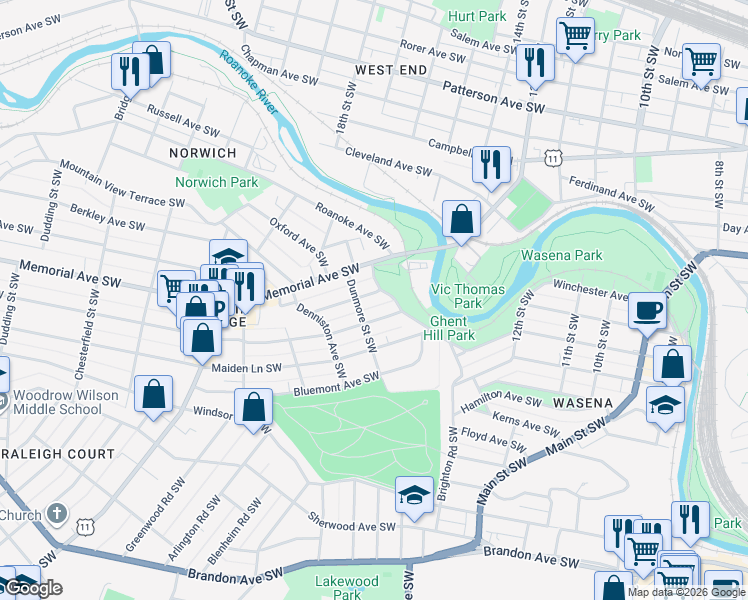 map of restaurants, bars, coffee shops, grocery stores, and more near 1502 Hampton Avenue Southwest in Roanoke