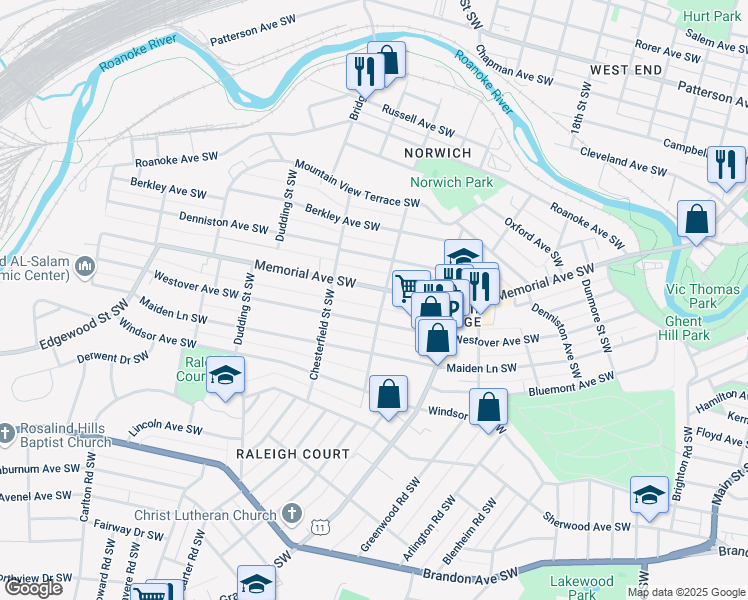 map of restaurants, bars, coffee shops, grocery stores, and more near 2102 Memorial Avenue Southwest in Roanoke