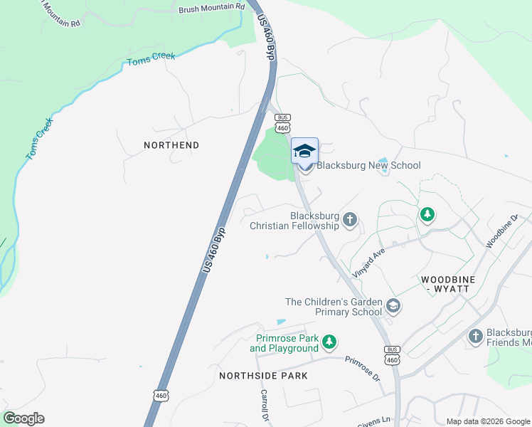 map of restaurants, bars, coffee shops, grocery stores, and more near 111 Oak Meadow Lane in Blacksburg