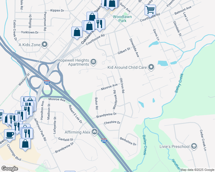 map of restaurants, bars, coffee shops, grocery stores, and more near 5012 Monroe Avenue in Hopewell