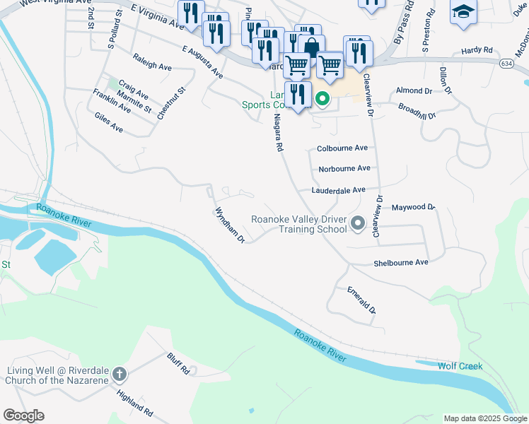 map of restaurants, bars, coffee shops, grocery stores, and more near 124 Southampton Drive in Vinton