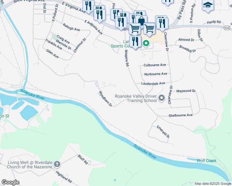 map of restaurants, bars, coffee shops, grocery stores, and more near 127 Oxford Square in Vinton