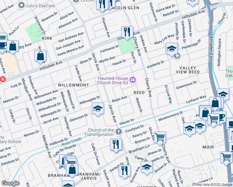 map of restaurants, bars, coffee shops, grocery stores, and more near 3820 Quinlan Lane in San Jose