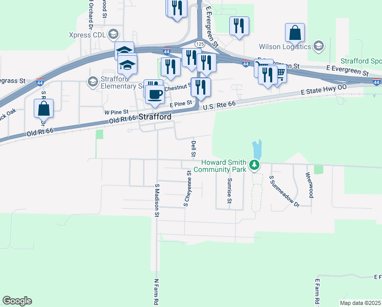 map of restaurants, bars, coffee shops, grocery stores, and more near 413 Dell Street in Strafford