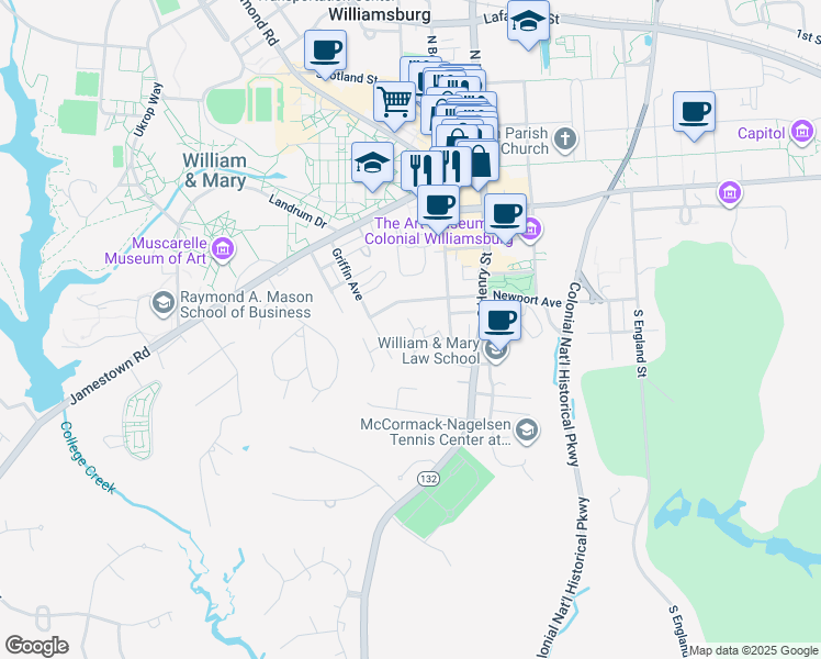 map of restaurants, bars, coffee shops, grocery stores, and more near 644 Counselors Way in Williamsburg