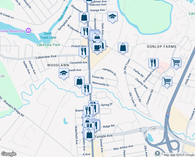 map of restaurants, bars, coffee shops, grocery stores, and more near 107 Essex Road in Colonial Heights