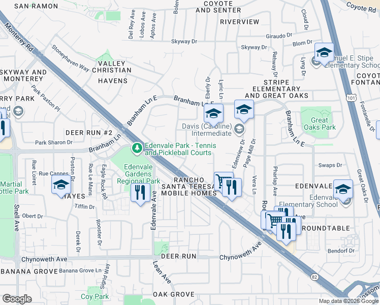 map of restaurants, bars, coffee shops, grocery stores, and more near 5076 Bougainvillea Drive in San Jose