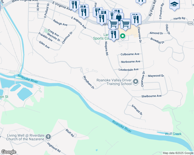 map of restaurants, bars, coffee shops, grocery stores, and more near 127 Oxford Square in Vinton