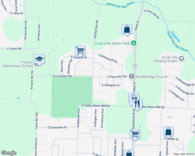 map of restaurants, bars, coffee shops, grocery stores, and more near 3744 Old Buffalo Road in Springfield