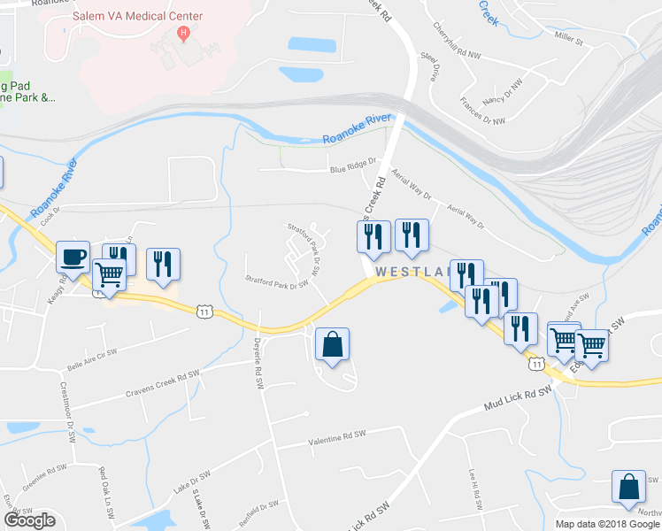 map of restaurants, bars, coffee shops, grocery stores, and more near 3780 Stratford Park Drive Southwest in Roanoke