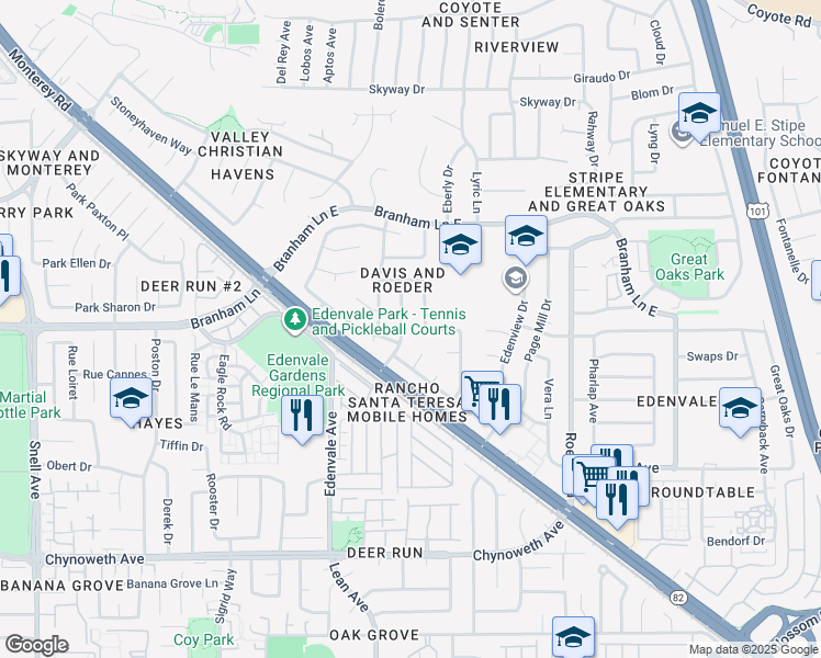 map of restaurants, bars, coffee shops, grocery stores, and more near 5076 Bougainvillea Drive in San Jose