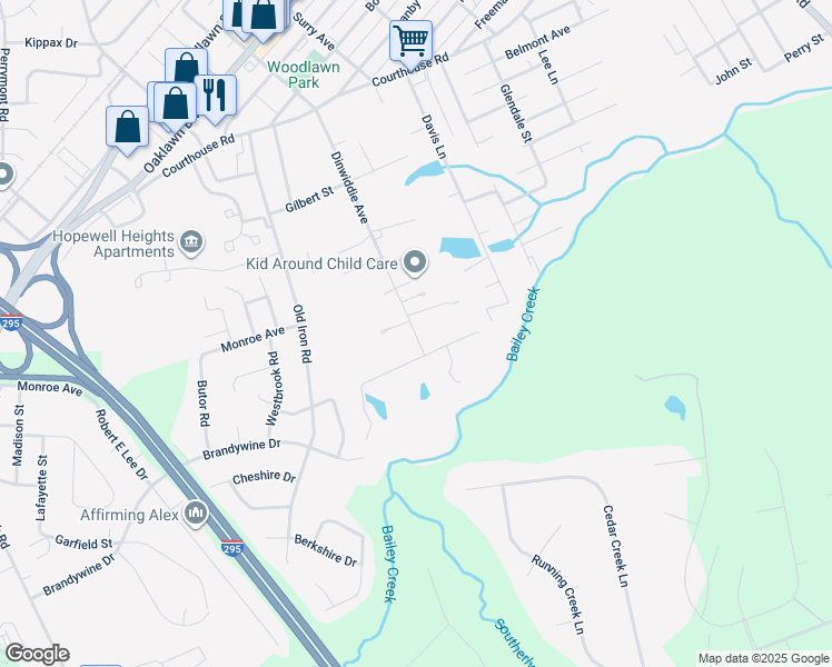 map of restaurants, bars, coffee shops, grocery stores, and more near 1910 Dinwiddie Avenue in Hopewell