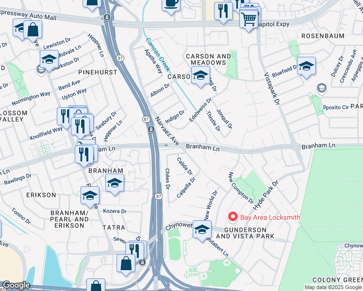 map of restaurants, bars, coffee shops, grocery stores, and more near Branham Ln & Narvaez Ave in San Jose