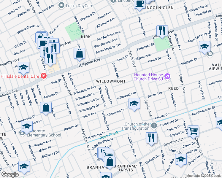 map of restaurants, bars, coffee shops, grocery stores, and more near 3611 Willowview Drive in San Jose